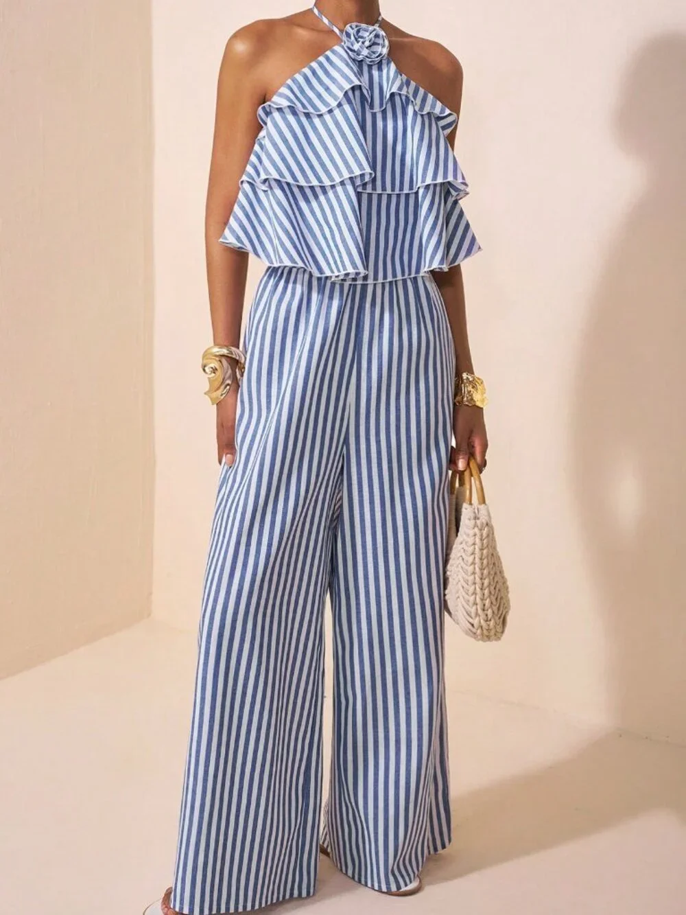 Blue And White Casual Women's Sleeveless Striped Ruffle Decor Jumpsuit_5